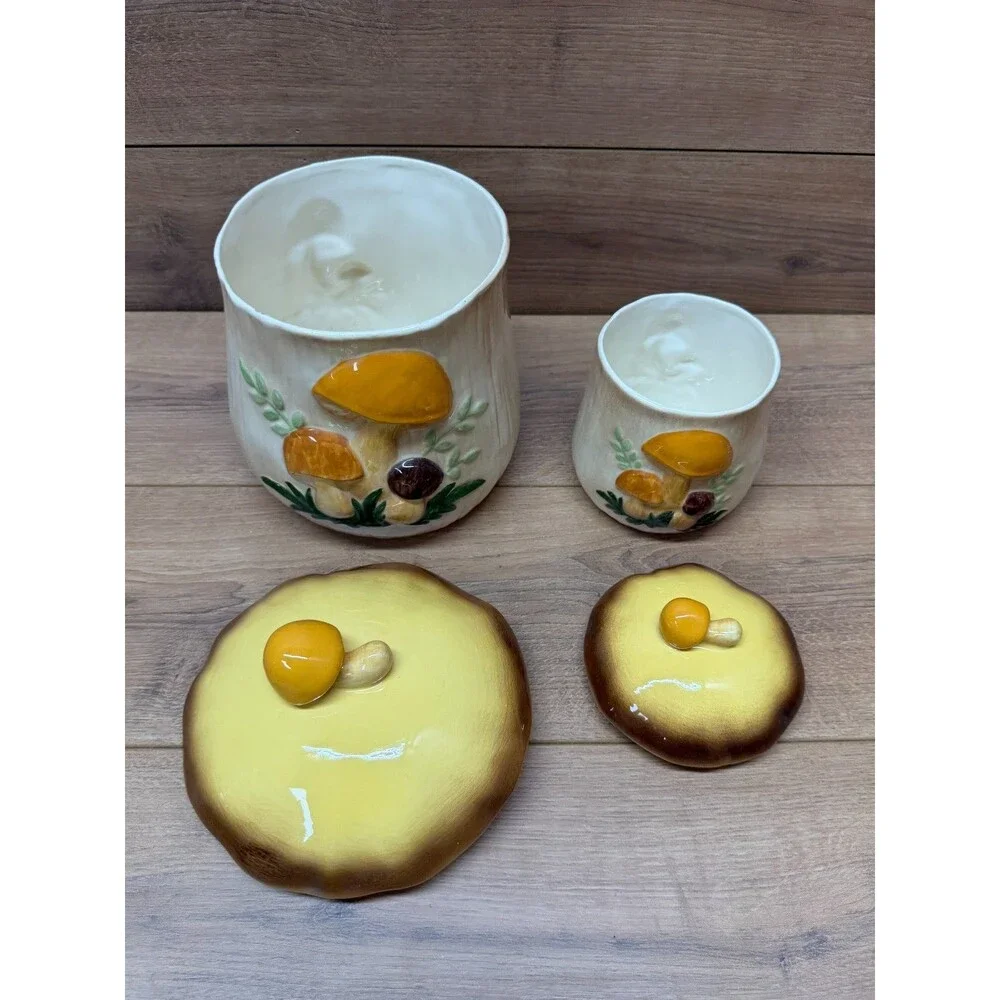 Vintage MCM Ceramic Mushroom Canister Set w/ Lids Retro 1970s Kitchen